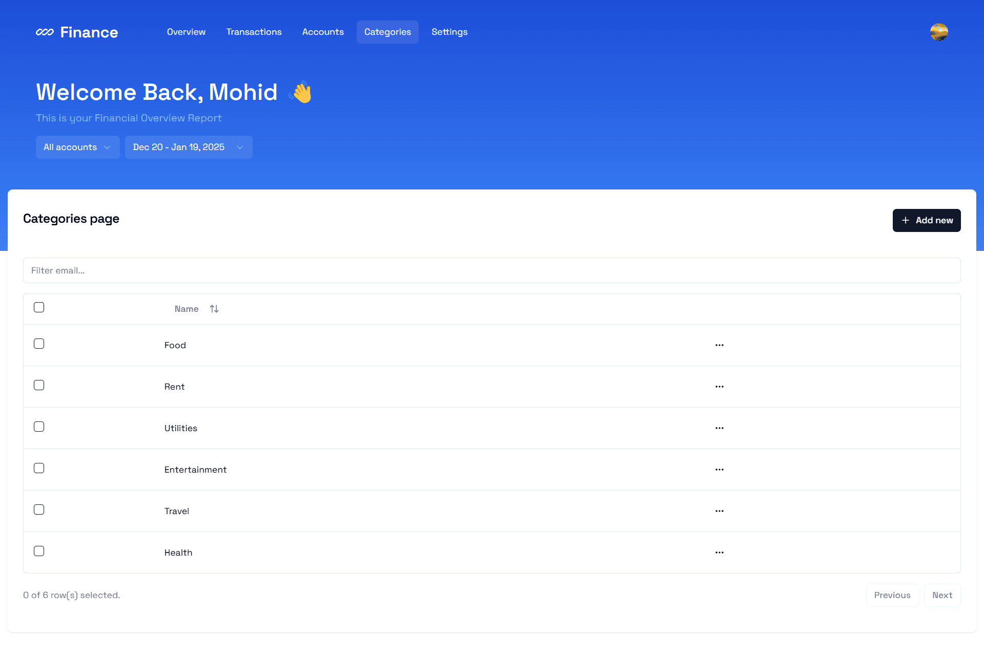 Category management interface showing expense categories