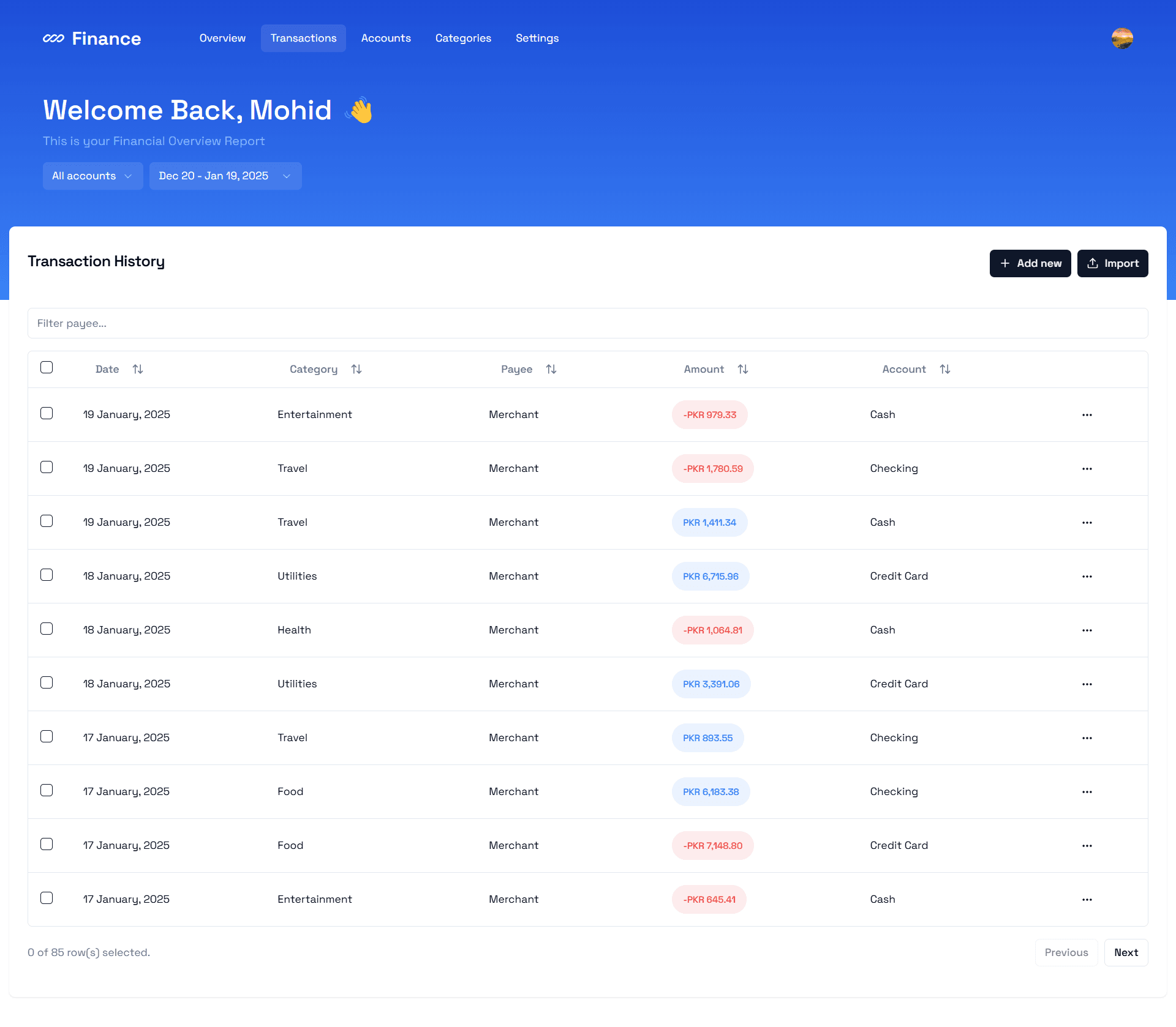 Transaction history interface showing detailed financial records